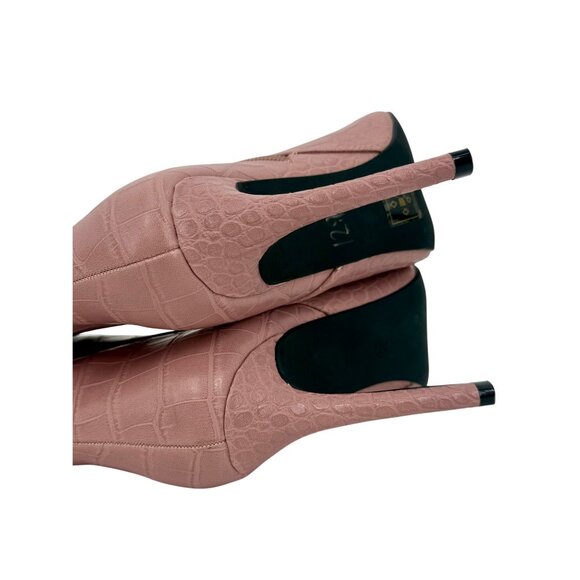 Guess Pink Vegan Croc Pointed Toe Knee High Stiletto Boots | Sexy Baddie Barbie - Picture 7 of 16